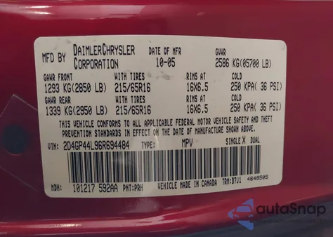 2006 Dodge Grand Caravan Sxt z USA, uszkodzony, nr VIN 2D4GP44L96R694484